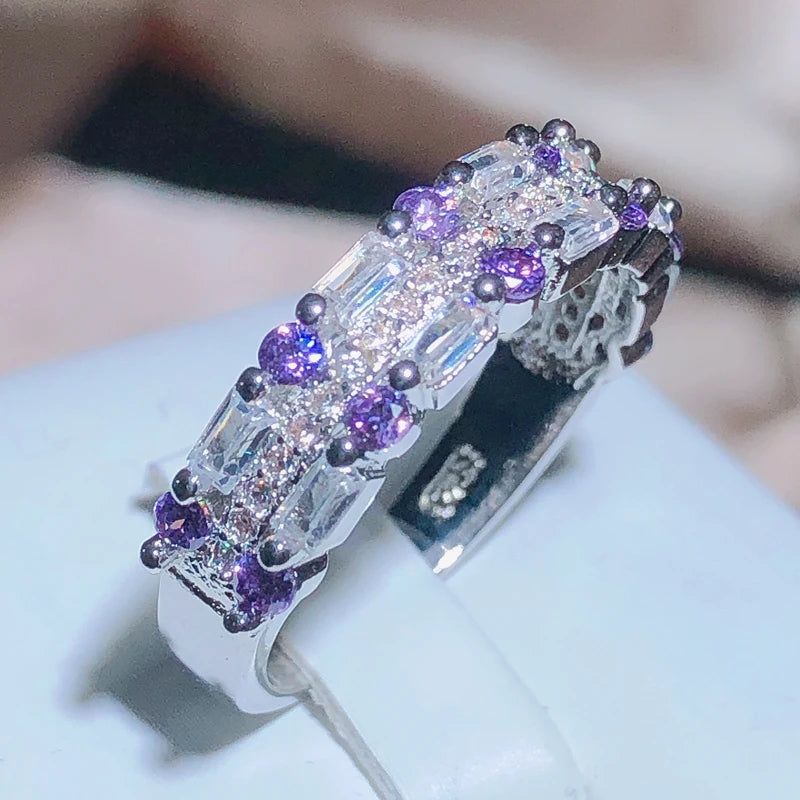 New Fashion Square Ring Purple AAA+ Zircon Micro-inlay For Women 925 Stamp Classic Two-color Zircon Full Drill Wedding Rings