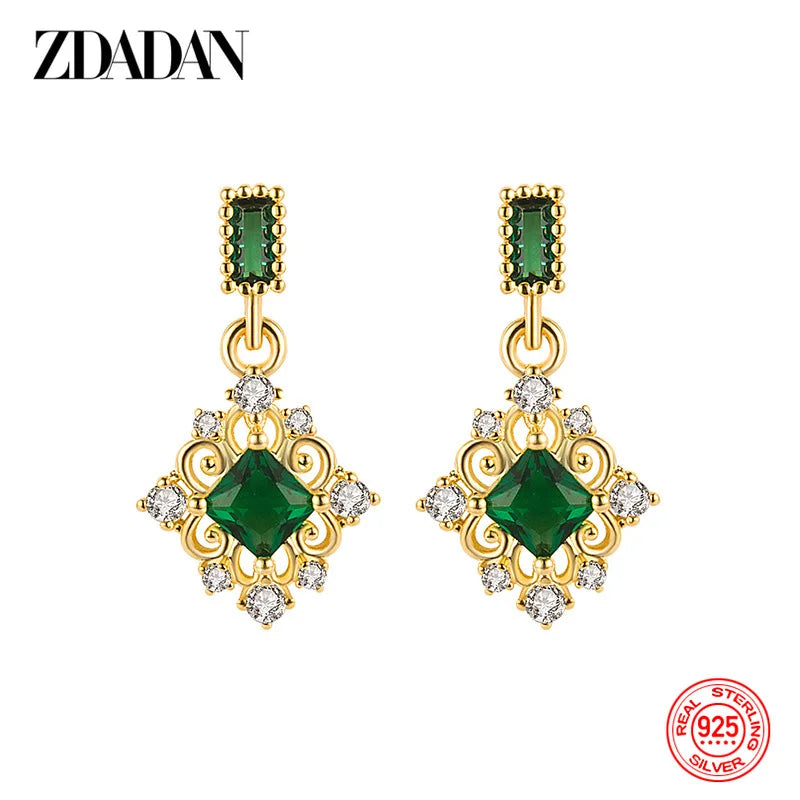 ZDADAN 925 Silver 18K Gold Square Emerald Drop Earrings For Women Wedding Jewelry