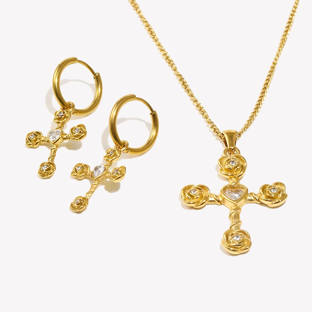 E.B.belle White Rhinestone Rose Cross Necklace Earring Flower Jewelry Set Stainless Steel 18K Gold Plated Waterproof Charm