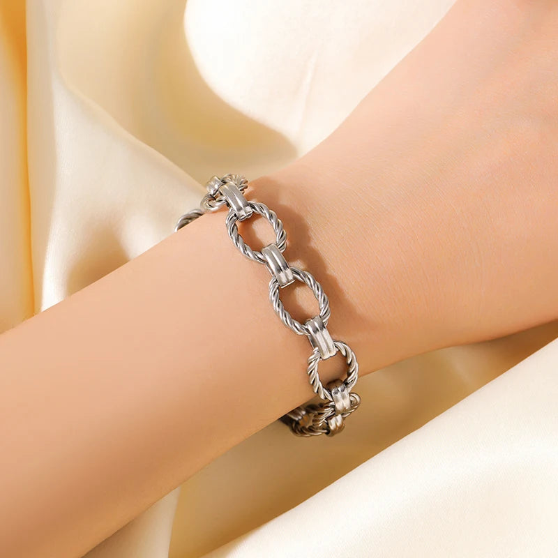 EILIECK 316L Stainless Steel Metal Gold Color Oval Link Chain Necklace Bracelet Set For Women Fashion Punk Waterproof Jewelry