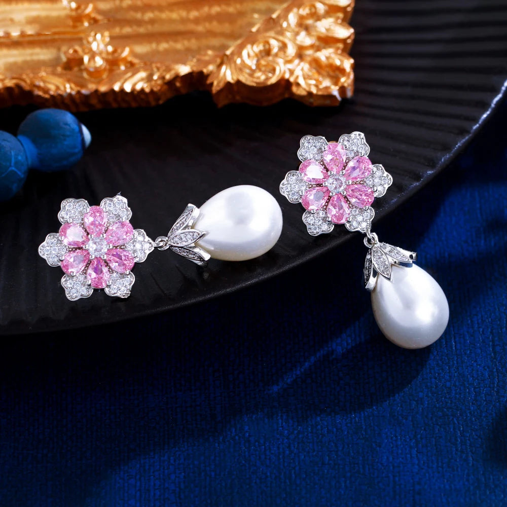 ThreeGraces Delicate Shiny Pink Zirconia Simulated Pearl Long Flower Drop Earrings for Women Bridal Wedding Party Jewelry E1929