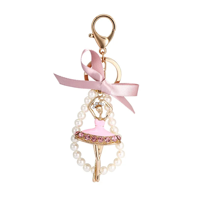 Crystal Delicate Bow Pearl Ballerina Girl Key Chain Pendant Rhinestone Women Handbag Car Key Chains Beautiful Girls Bag Pendant