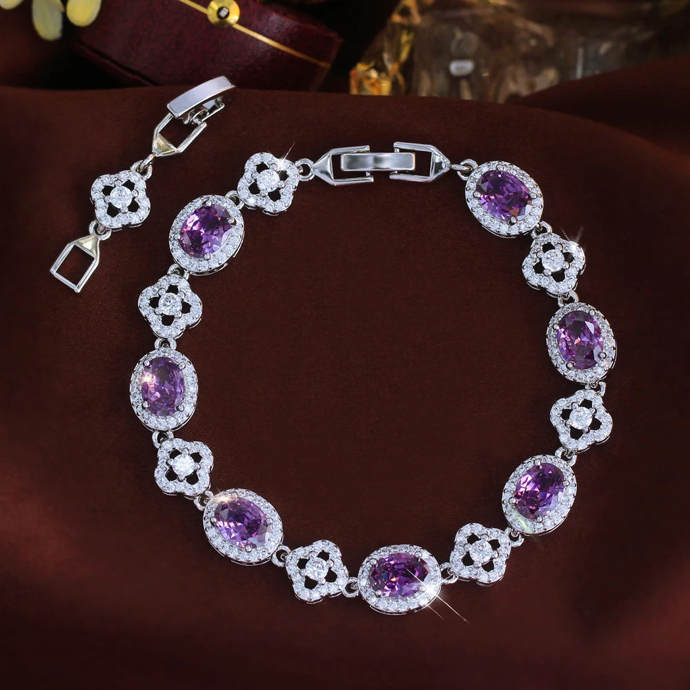 ThreeGraces Brilliant Purple Ellipse Zirconia Lucky Leaf Shape Bridal Wedding Party Link Chain Bracelet Jewelry for Women BR472