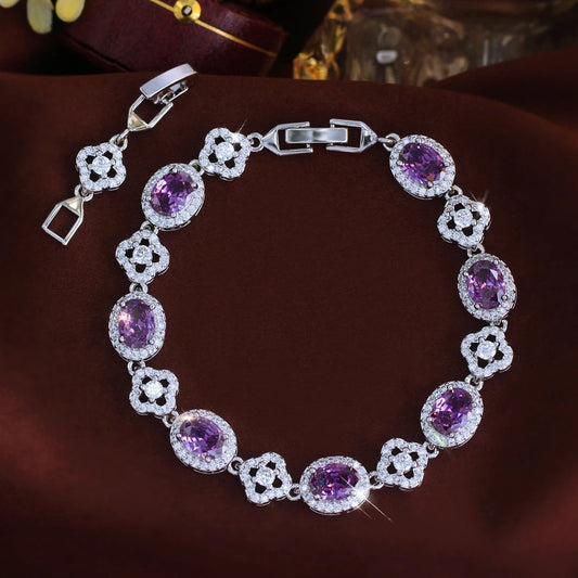 ThreeGraces Brilliant Purple Ellipse Zirconia Lucky Leaf Shape Bridal Wedding Party Link Chain Bracelet Jewelry for Women BR472