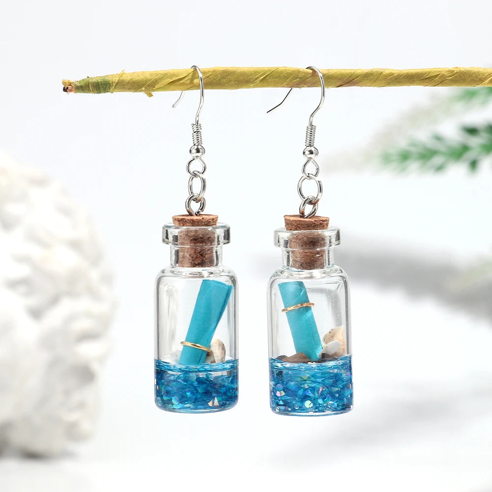 Creative Transparent Glass Drift Bottle Drop Earrings Cute Marine Animals Wish Bottle Dangle Earring Handmade Jewelry Gifts