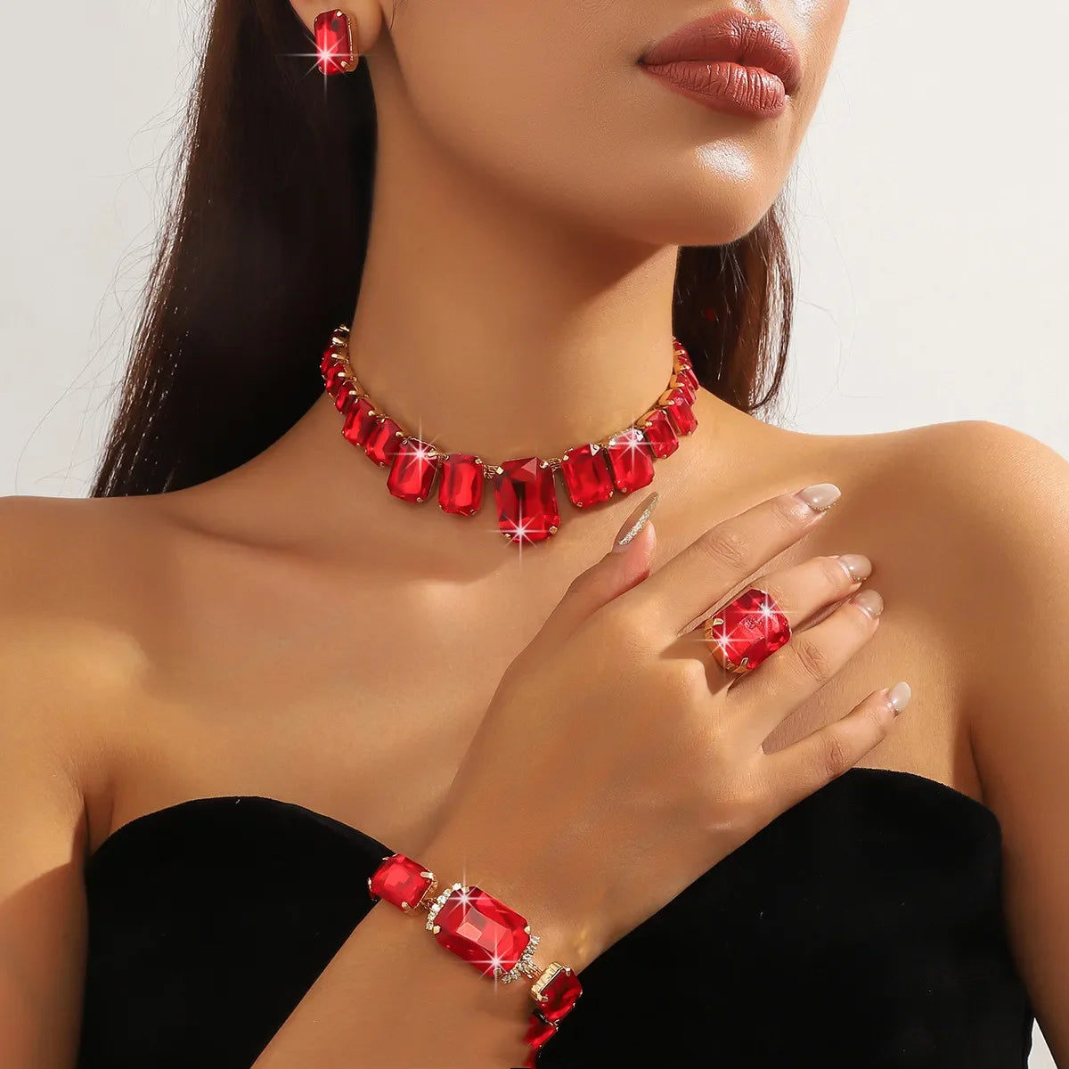 FYUAN Red Champagne Green Rectangle Geometric Necklace Earrings Bracelet Crystal Earrings for Women Wedding Jewelry Sets