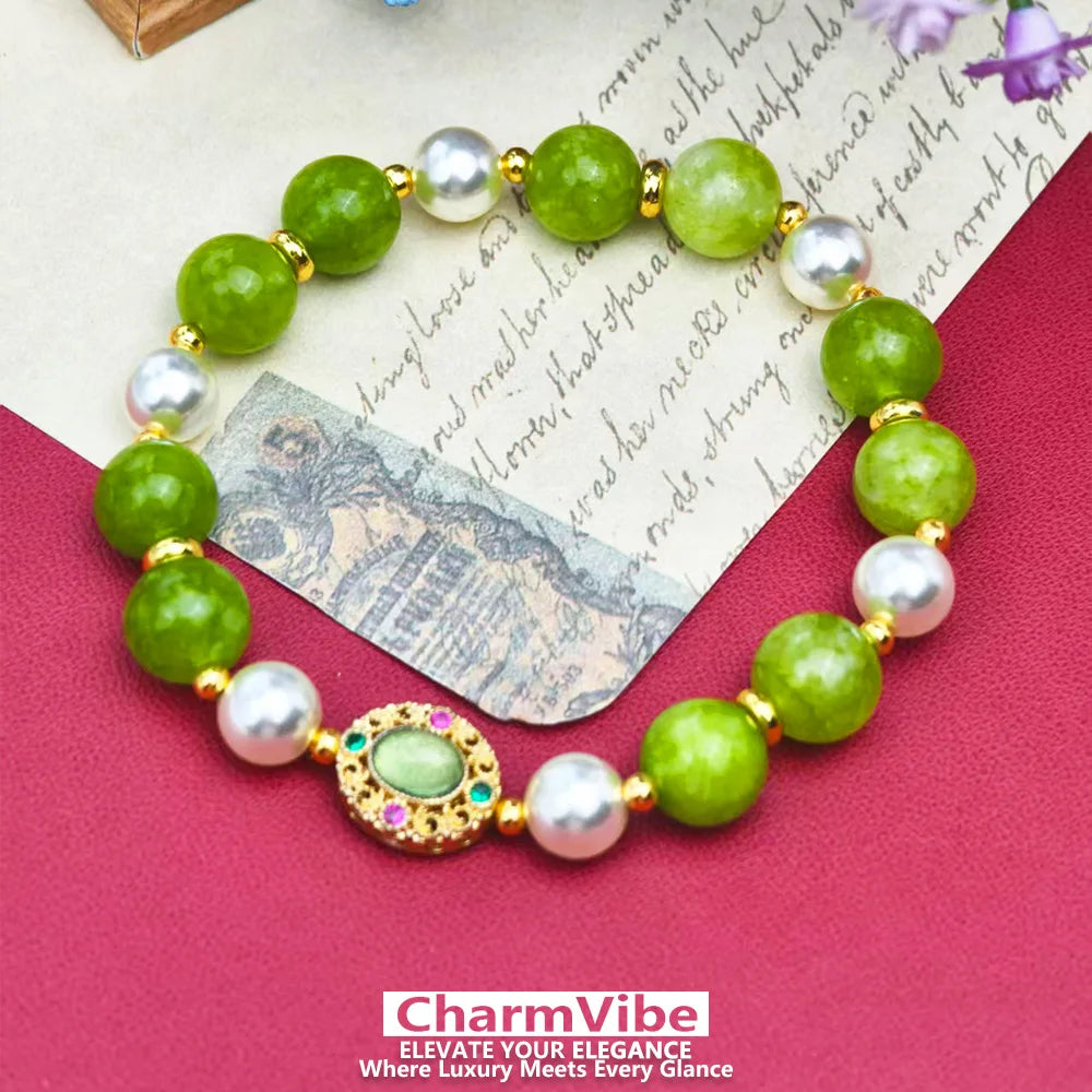 NEW Natural Green stone Beaded Pearl Bracelet for Women Golden Charm Boho Bracelet Wedding Party Daily Wear Jewelry Gift