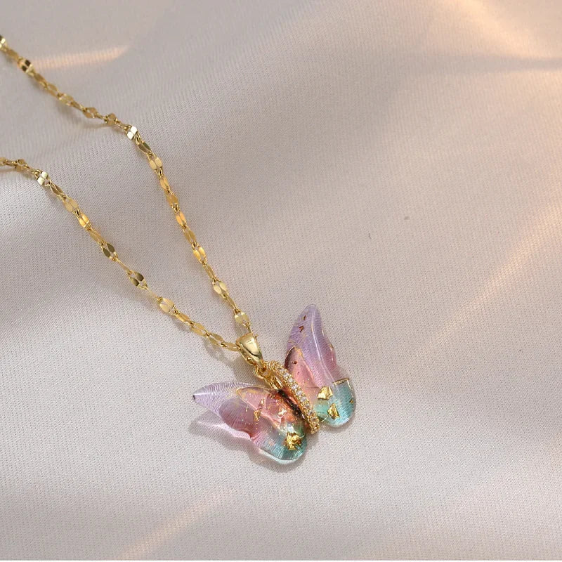 Exquisite Micro Inlaid Zircon Butterfly Tassel Necklace For Women Stainless Steel Moon Butterfly Flower Clavicle Choker Jewelry