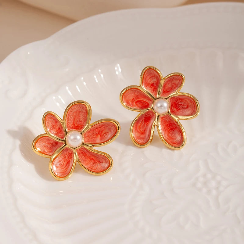 ANENJERY 316L Stainless Steel Colorful Enamel Flower Butterfly Earrings For Women French Delicate Elegant Jewelry Birthday Gifts
