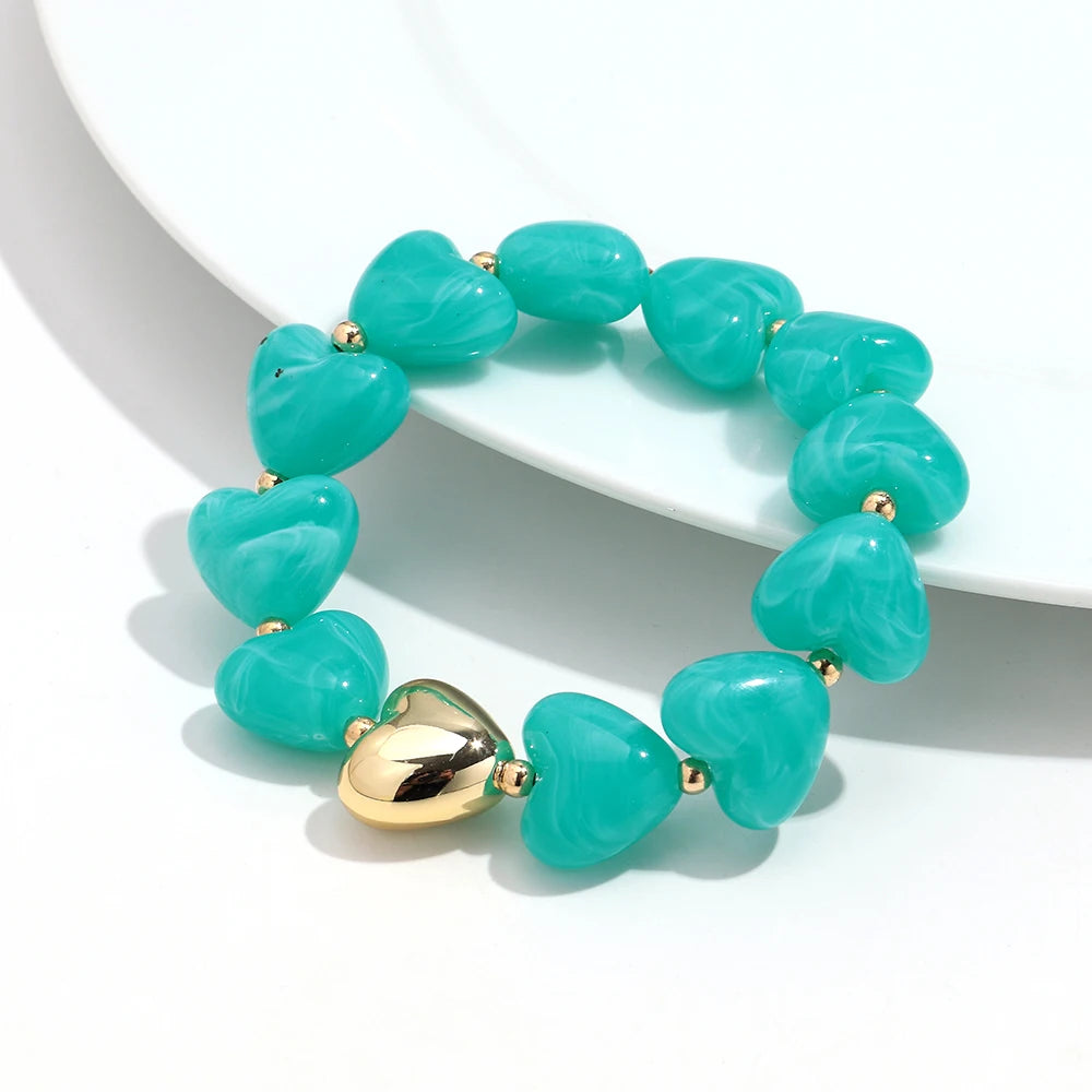 Sweet Resin Love Heart Beads Elastic Bracelets for Women Cute Geometric Heart Shape Stretch Bracelet Party Jewelry Gifts