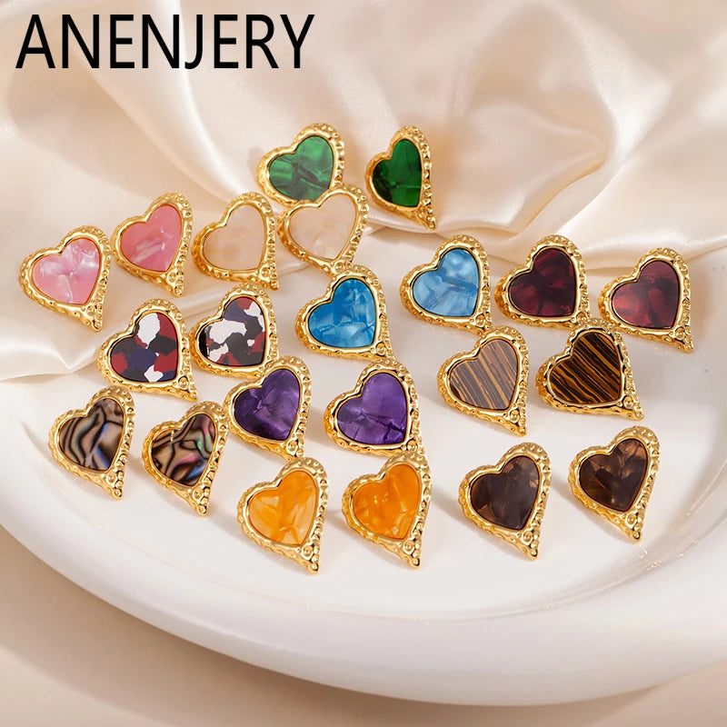 ANENJERY 316L Stainless Steel Ripple Metal Heart Earrings For Women Bohemia Niche Vintage Personality Delicate Jewelry Gifts