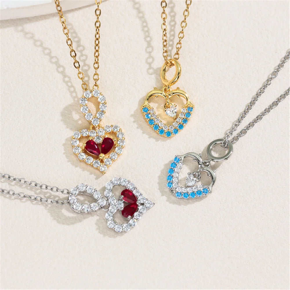Small Heart Love Charm Female White Red Bule Zircon Fashion Pendant Necklace Gold Silver Color Wedding Jewelry For Cute Women