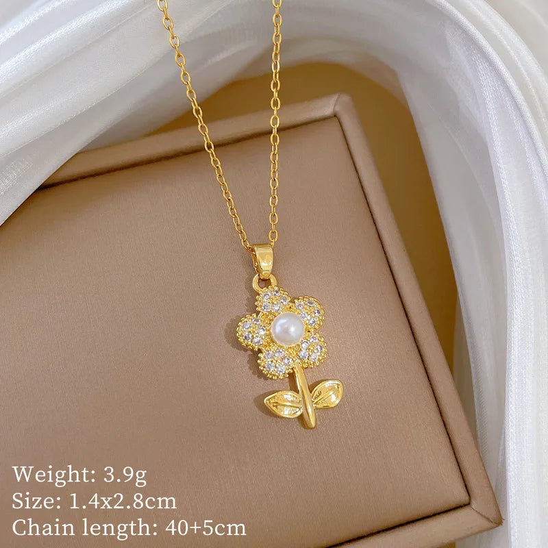 Sparkling Luxury Cubic Zirconia Pearl Flower Pendant Stainless Steel Women's Necklace Fashion Waterproof Jewelry Gift