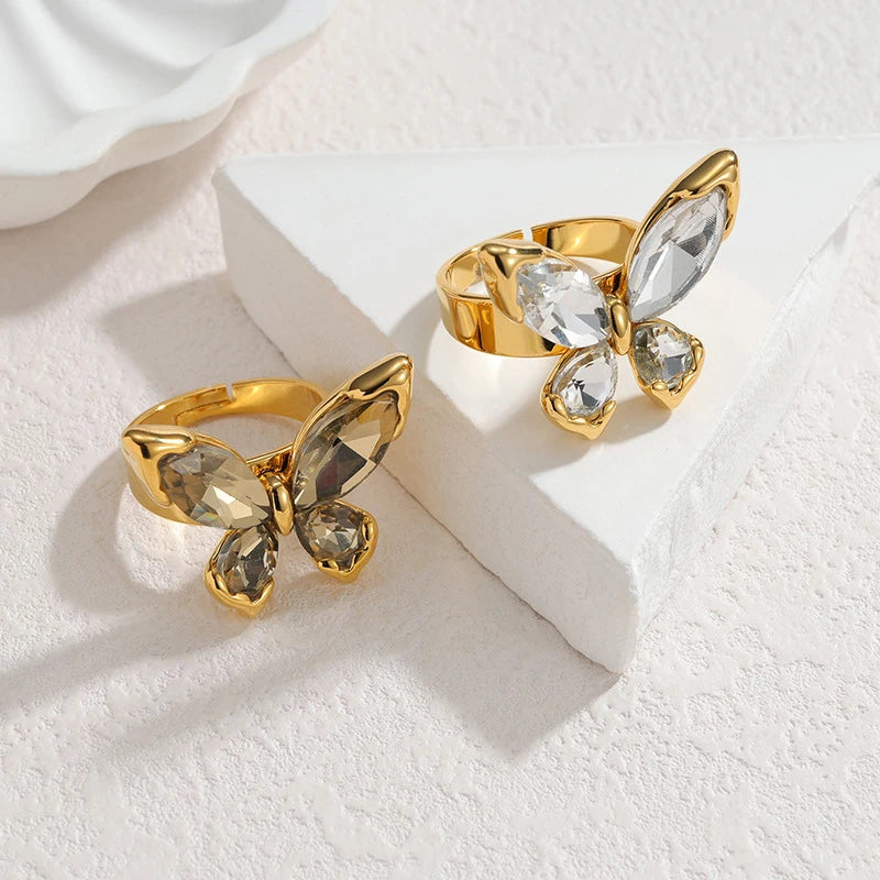 EILIECK Minimalist Classic 18K Gold Color Plated Butterfly Zircon Adjustable Ring Hypoallergenic Stainless Steel Jewelry Gift