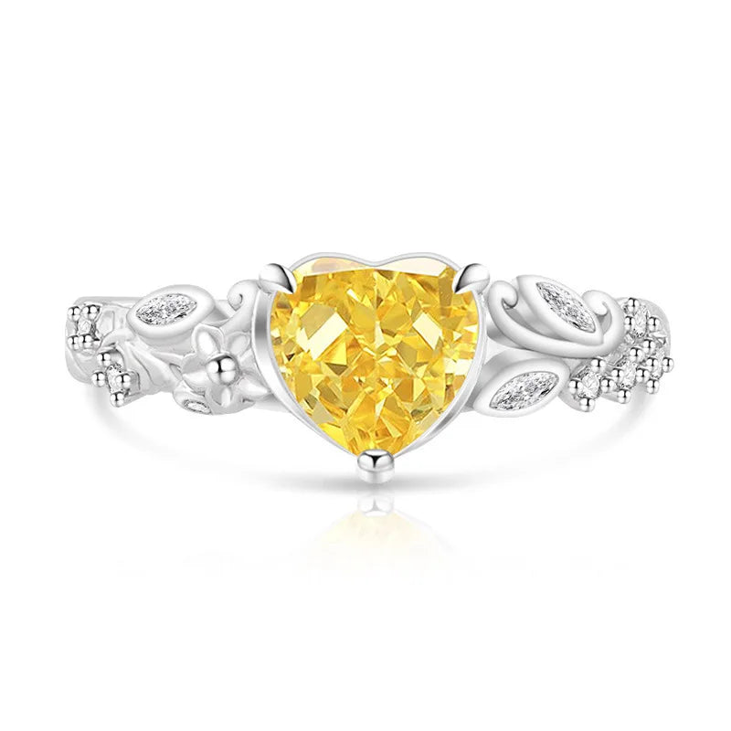 925 Sterling Silver Heart Ice Flower Cut Solitaire Ring, Antique Floral Band with Marquise Side Zircon, Ladies Party Jewelry