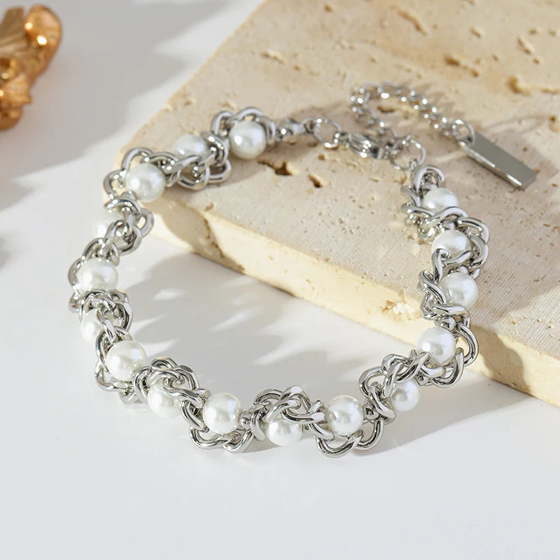 EILIECK 316L Stainless Steel Pearl Chain Necklace Bracelet Set For Women Fashion Waterproof Silver Color Jewelry Set Gift Party