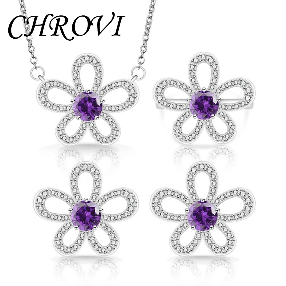 Sweet 925 sterling silver luxury full-diamond five-petal flower gemstone pendant ring earring three-piece jewelry set