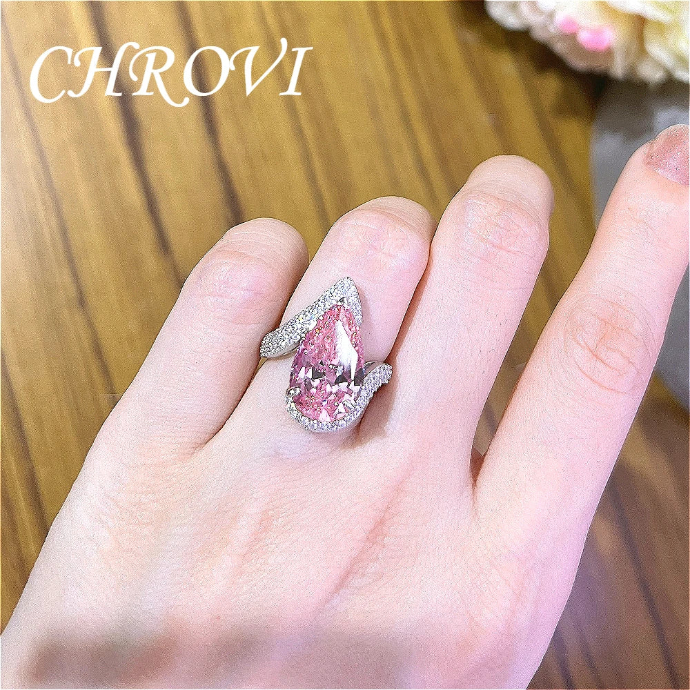 Luxury-Style 925Sterling Silver Drop-shaped Pink Zirconia Fashion Ring Full Diamond-Engraved Elegant Open Design Women's Jewelry