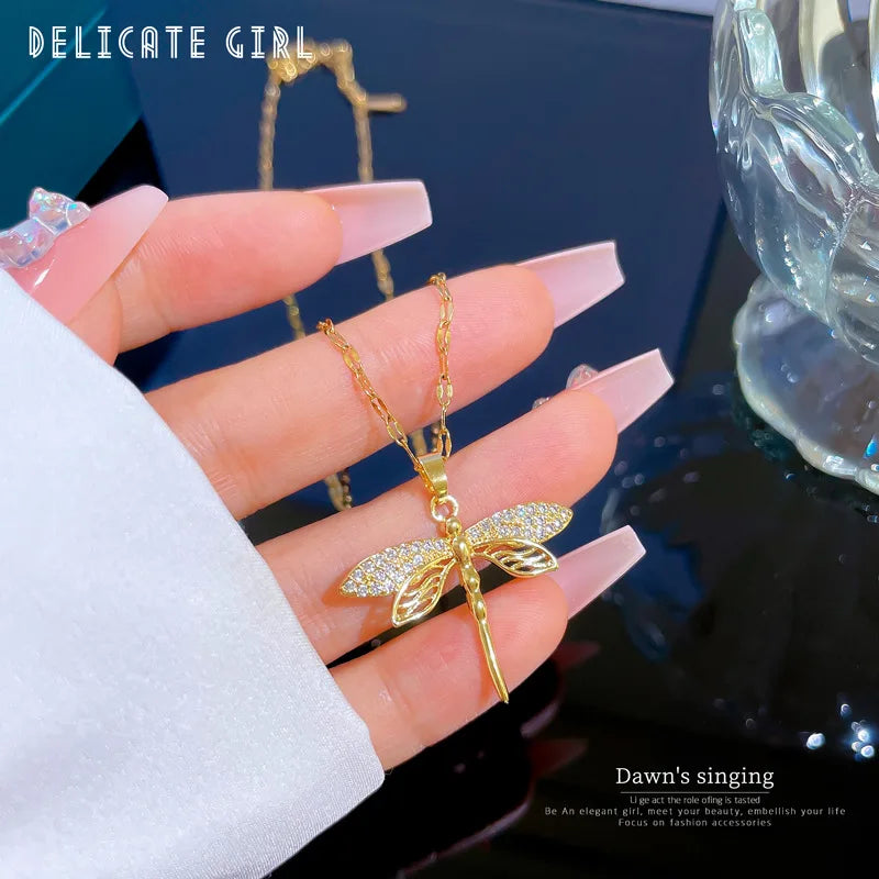 316L Stainless Steel Personality Dragonfly Pendant Necklace For Women Fashion Girls Clavicle Chain Party Jewelry Gifts