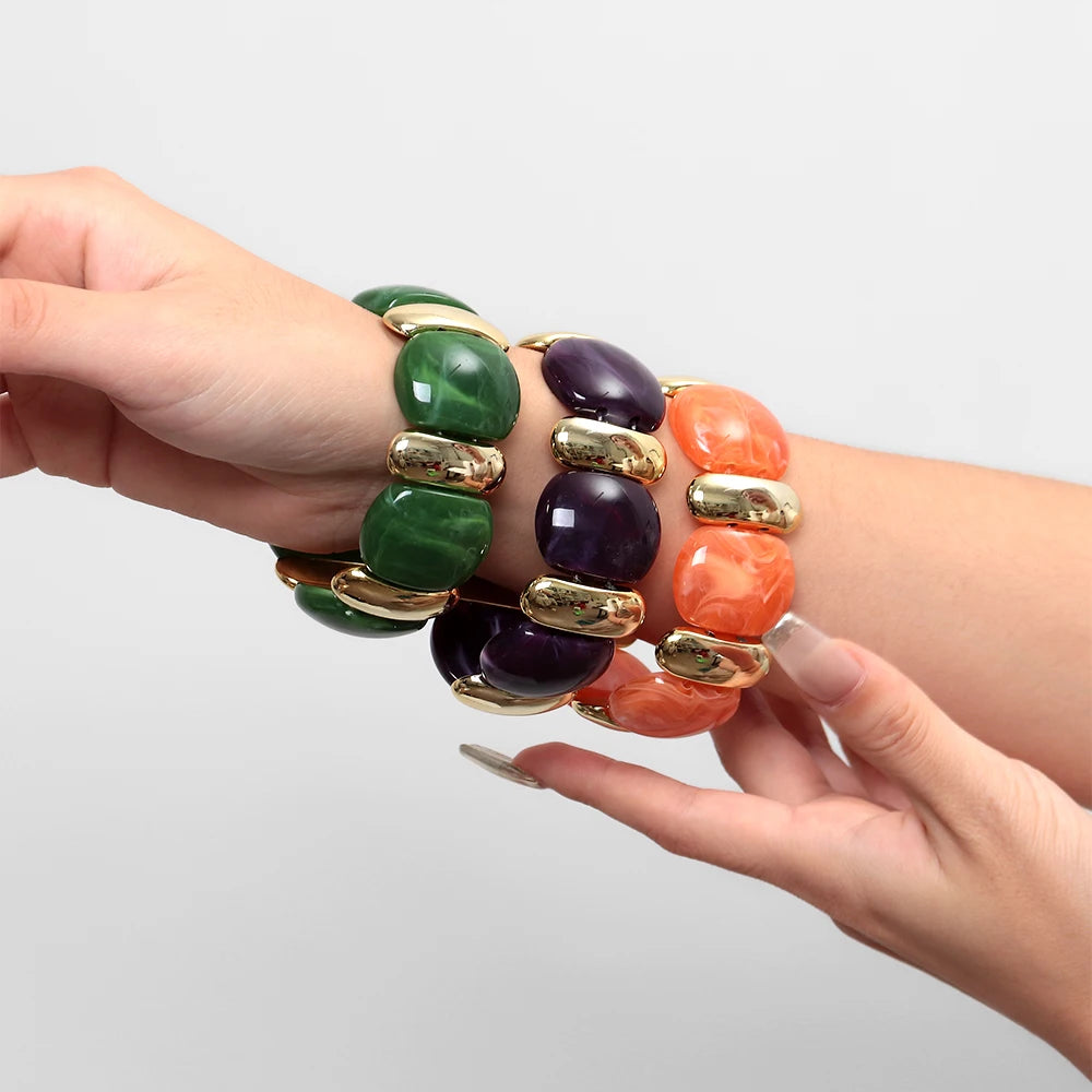 Elegant Acrylic Marble Geometric Petal Curved Beads Elastic Bracelets Trendy CCB Bead Chunky Bangles Bracelet Women Accessories