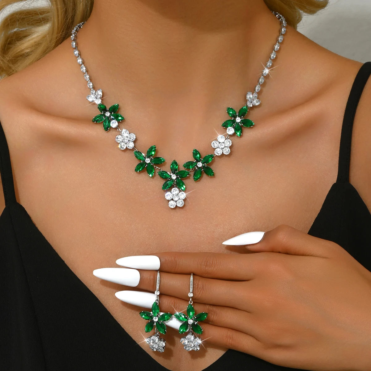 3PC Women's Fashion Zircon Series Green Flower Necklace Earrings Jewelry Set Suitable for Wedding, Party, Festival Gifts-8581