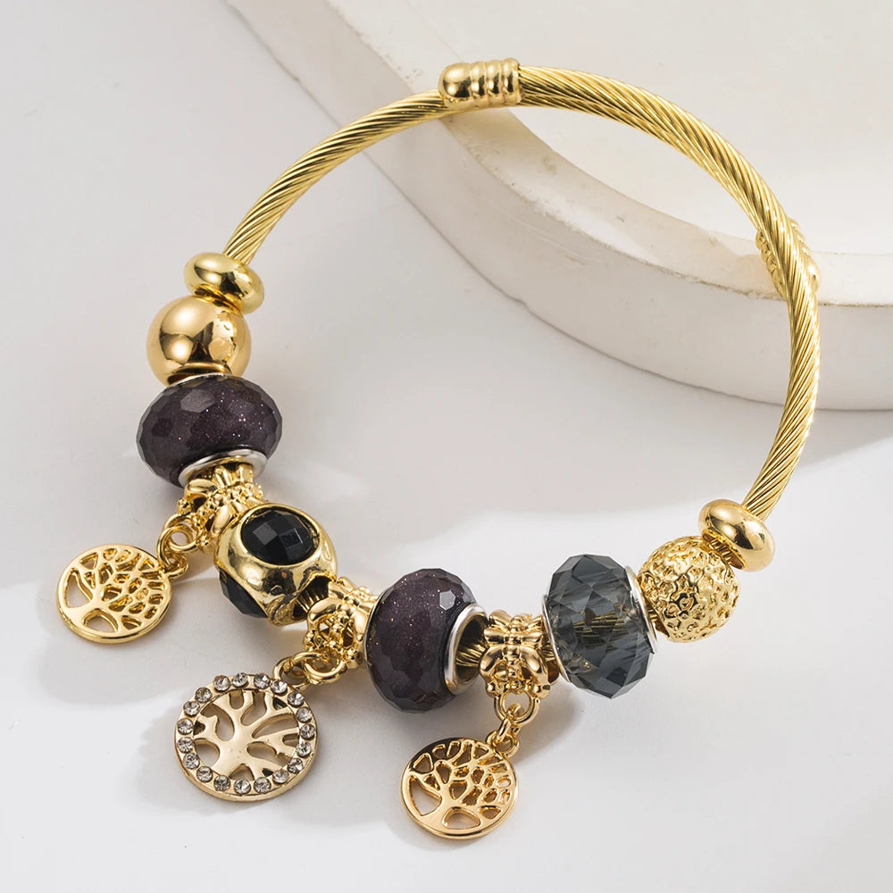 European And American New Personalized Creative Life Tree Tower Pendant Bracelet Alloy Inlaid Diamond Adjustable Stainless Steel