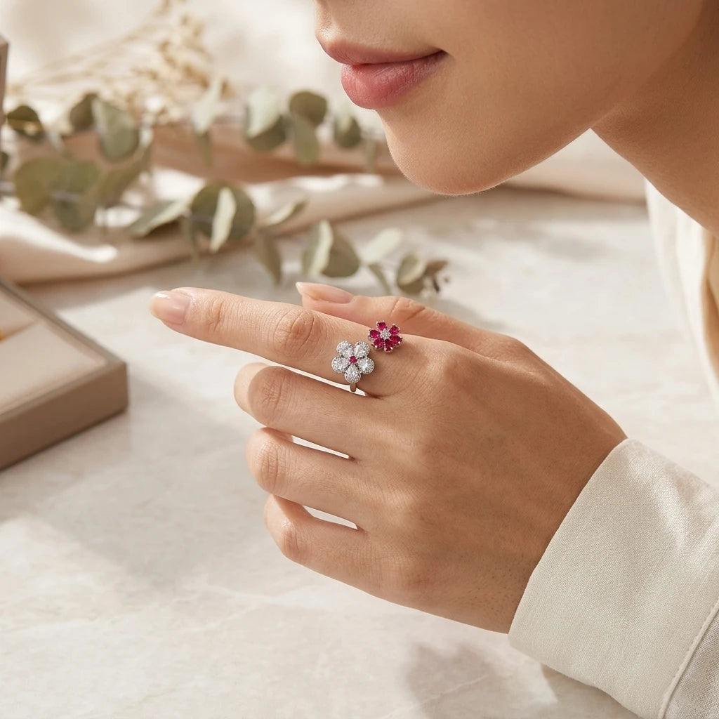 Ladies Silver Adjustable Open Ring with Pink White Flower Design Daily Wearable Fashion Jewelry Gift for Female Friends