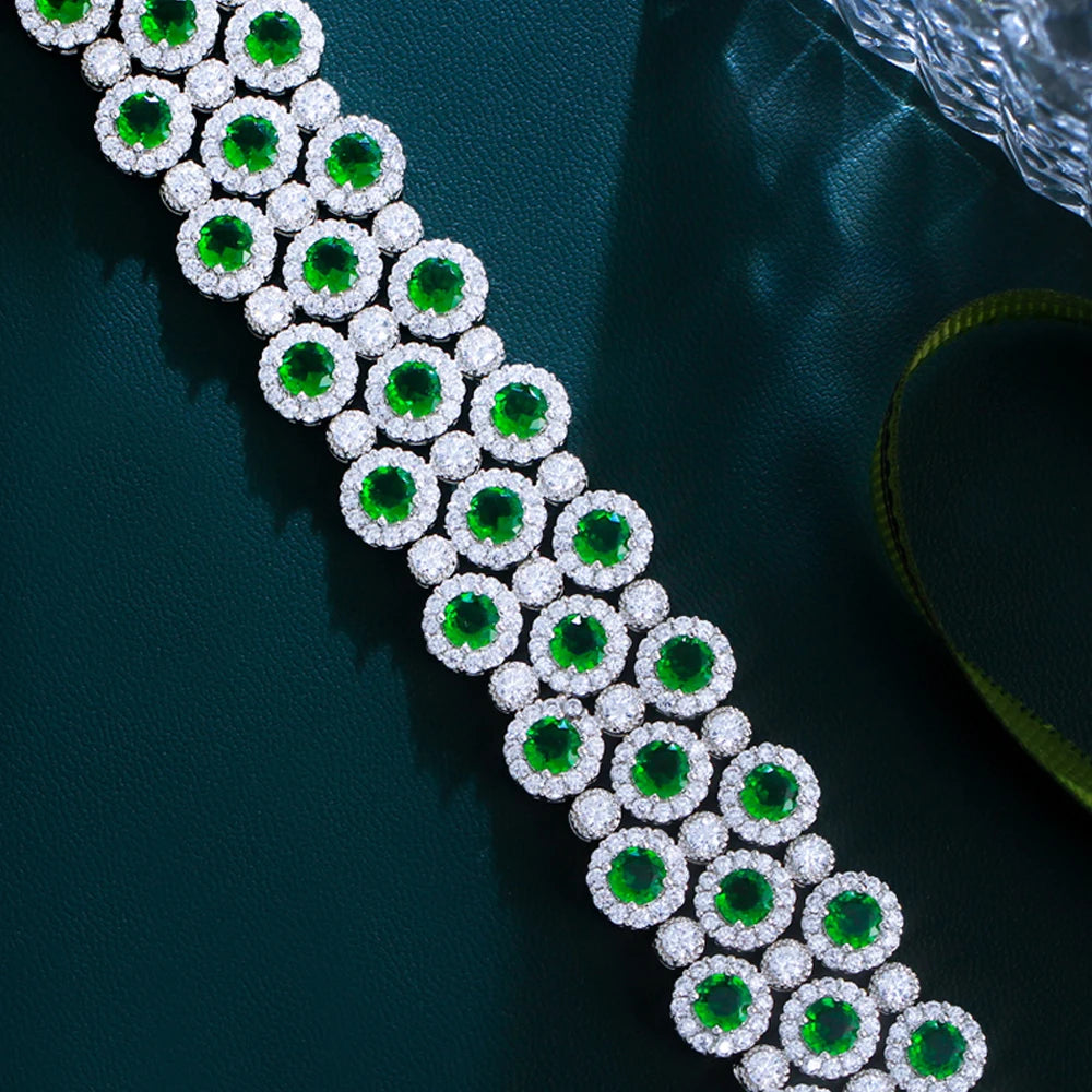 ThreeGraces Luxury Shiny Green White Zircon Big Wide Party Bracelet for Women Gorgeous Dubai Wedding Evening Party Jewelry BR400