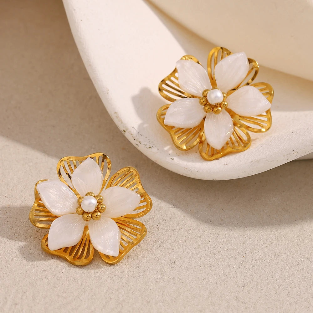 E.B.belle Double Layer Shell Flower Stud Earring PVD Plated Stainless Steel Waterproof Hypoallergenic Women Jewelry Accessories