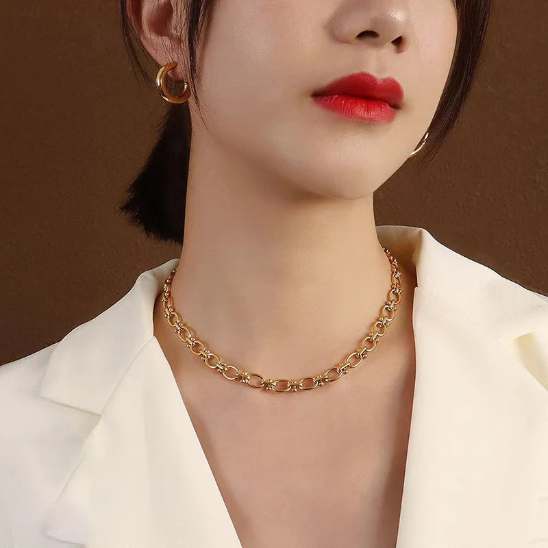 \EILIECK Stainless Steel Metal Gold Color Chain Necklace Bracelet For Women New Fashion Waterproof Collar Jewelry Set Gift Party