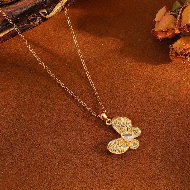 EILIECK Women's Trendy Floral Pink Zirconia Pendant Necklace Stainless Steel Neck Chain Daily Water-resistant Jewelry Lady Gift