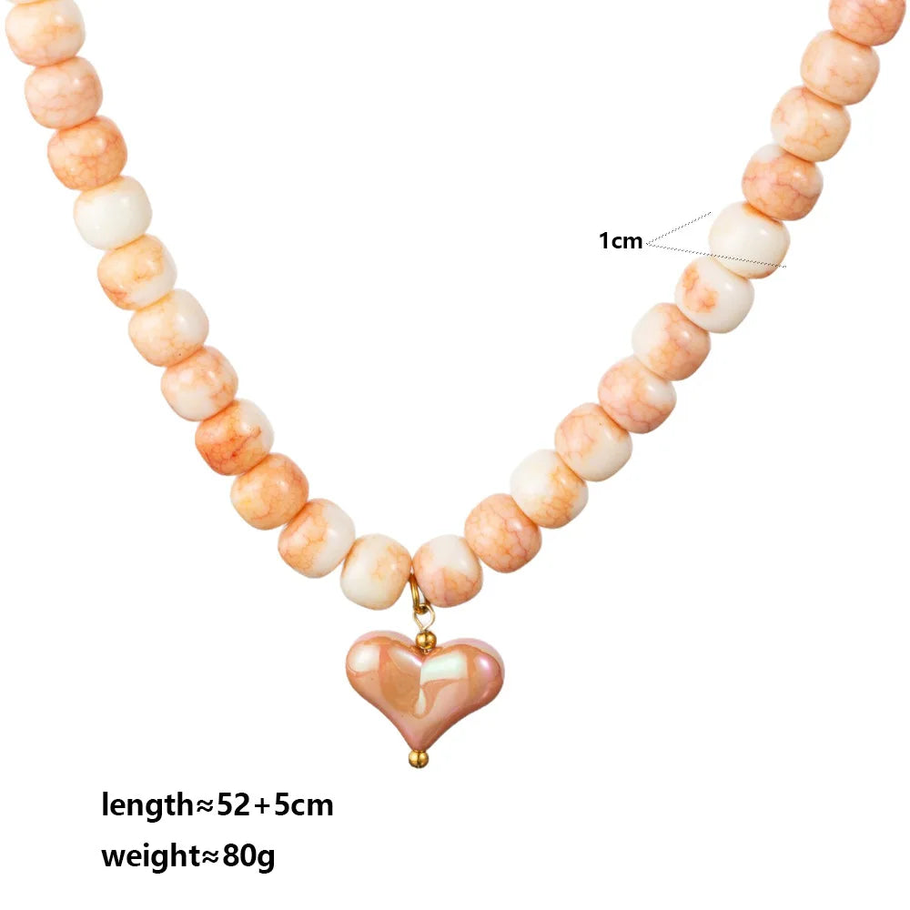 2026 European and American niche heart resin necklace handmade beaded fashion classic barrel bead DIY clavicle chain gift