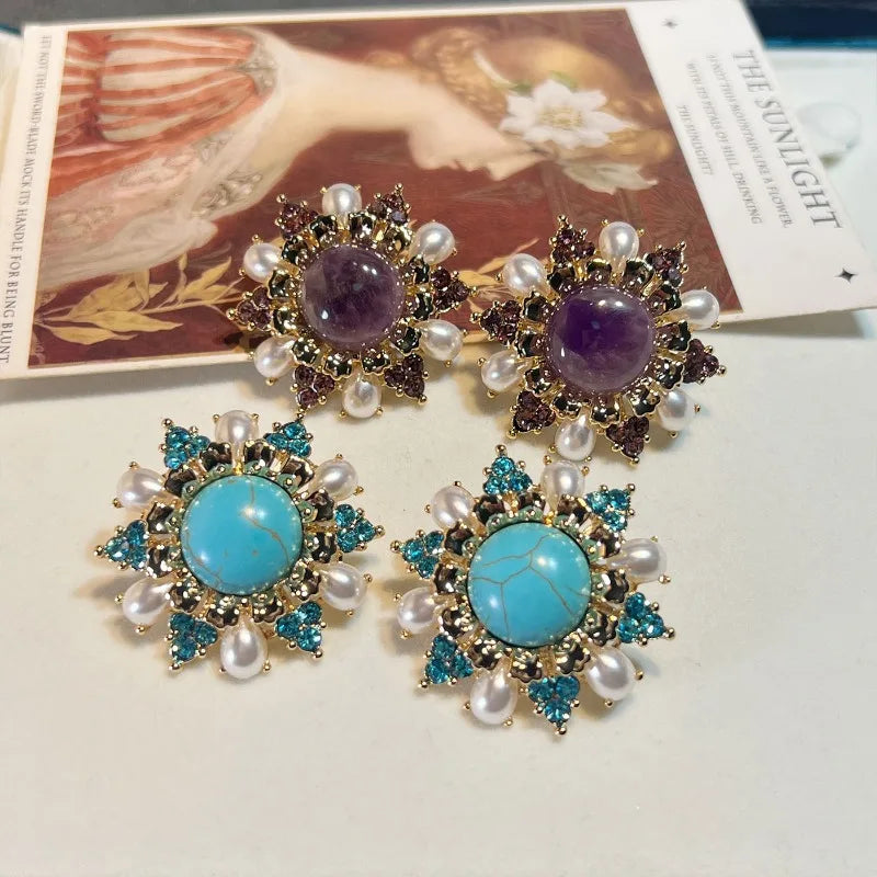 NISHIZAWA Amethyst Turquoise Earrings for Women Palace Style Geometric Retro Jewelry Fashion Elegant Aretes De Mujer