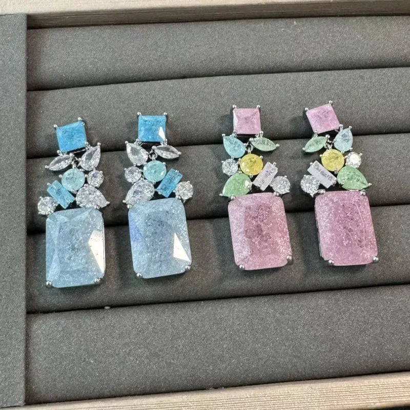 S925 Sterling Silver Colorful Ice Flower Zircon French Drop Earrings Geometric Fashion Jewelry for Women Girls Daily Wear Gift