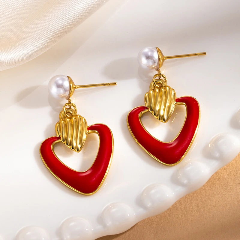 ANENJERY 316L Stainless Steel Hollow Heart Imitation Pearls Stud Earrings For Women Luxury Niche Temperament Simple Jewelry Gift