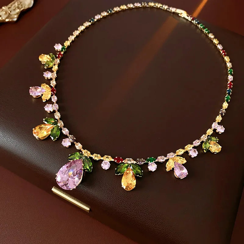 Colorful Zircon Flowers Water Drop Earrings Pendant Necklace Women's Charm Elegant Fashion Jewelry Set Accessories Party Dress G