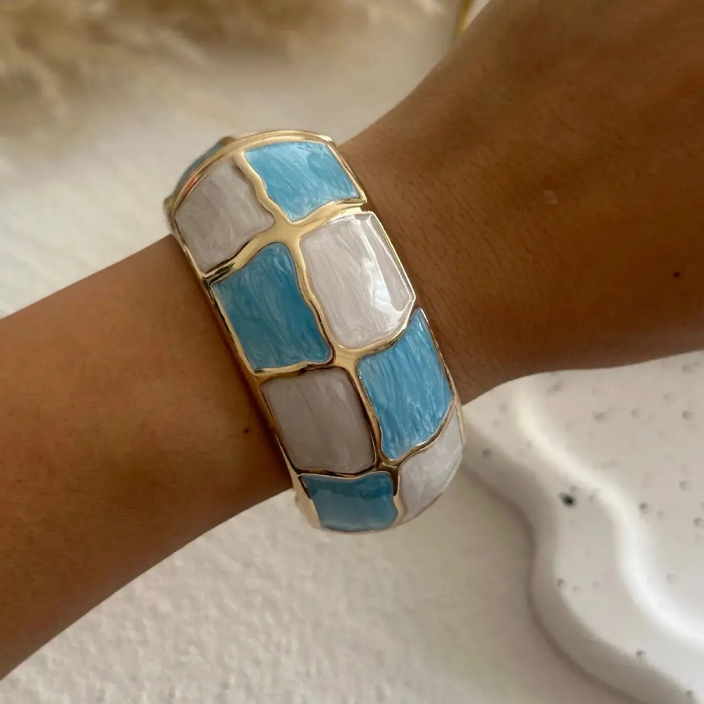 KMVEXO Punk Blue White Dripping Oil Zinc Alloy Enamel Bangles Geometric Wide Cuff Spring Bangle Bracelets For Women Jewelry