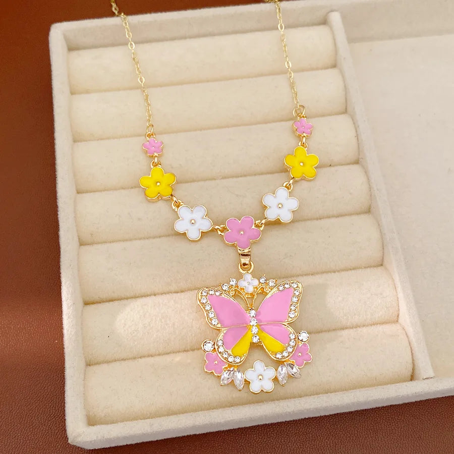 Pink Yellow Butterfly Flower Jewelry Set Sweet Enamel Necklace Drop Earrings Women's Fashion Party Banquet Accessories K