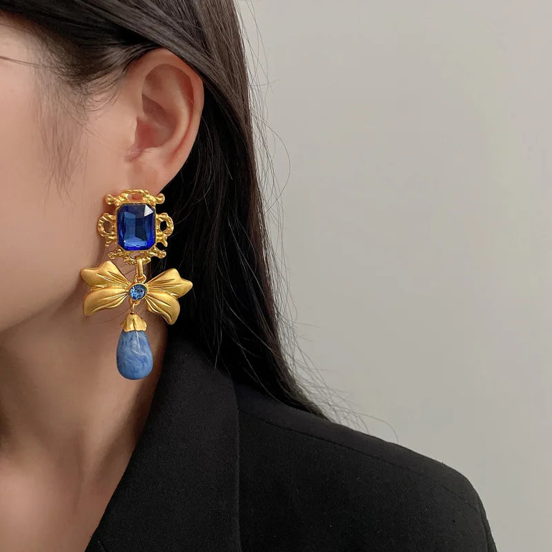 3 Pcs Bluey Rhinestone Square Bowknot Water Drop Dangle Earrings for Women Vintage Unique Design Necklaces Collar Jewelry Sets