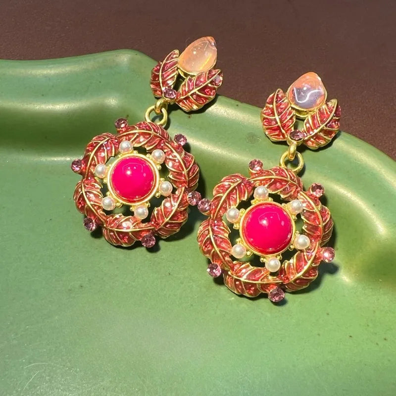 NISHIZAWA Pink Flowers Earrings for Women Enamel Vintage Court Style Jewelry Fashion Exquisite Elegant Pendientes Mujer