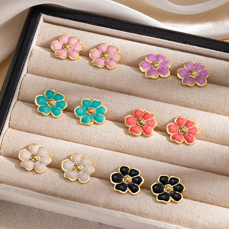 ANENJERY 316L Stainless Steel Colorful Enamel Flower Stud Earrings For Women Temperament Luxury Niche Simple Jewelry Gift