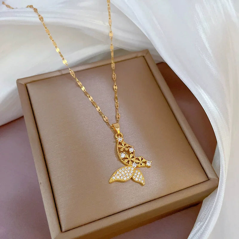 EILIECK 316L Stainless Steel Shine Cubic Zircon Butterfly Pendant Necklace Gold Color Texture Metal Personalized Chain Jewelry