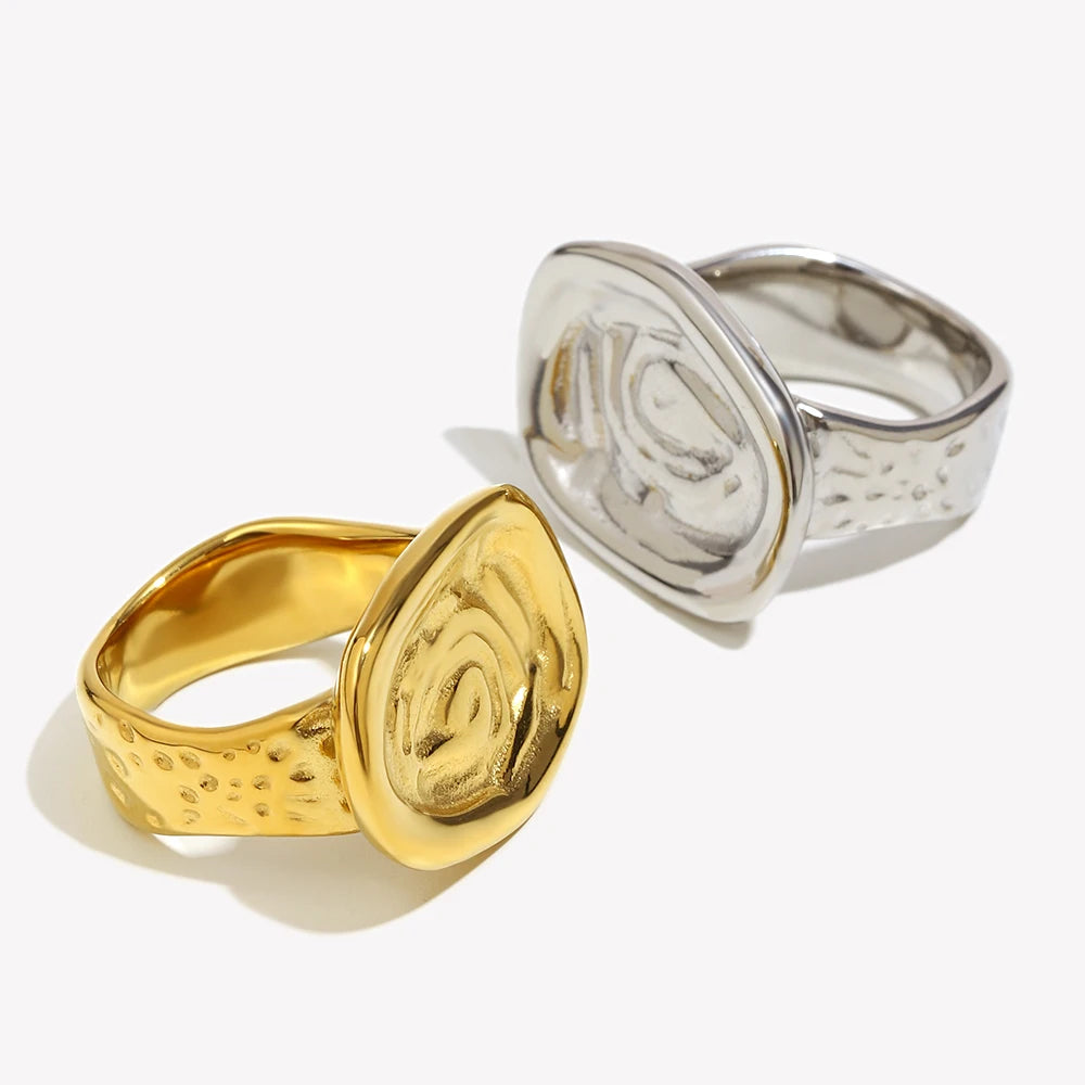 E.B.belle Stainless Steel Irregular Pattern Ring 18K Gold Plated Tarnish Free Hypoallergrnic Charm Jewelry For Wome's Gift