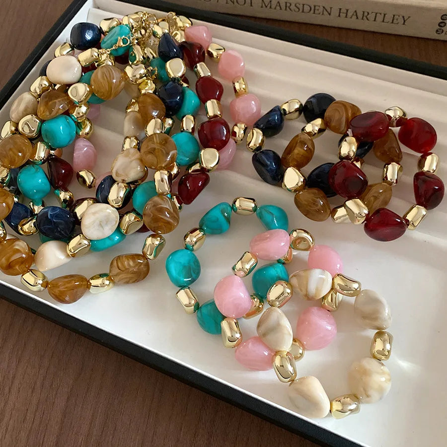 Acrylic Irregular Square Round Beaded Bracelets for Women Multicolor Bohemia Geometric Handmade Bangles Couple Jewelry Travel C