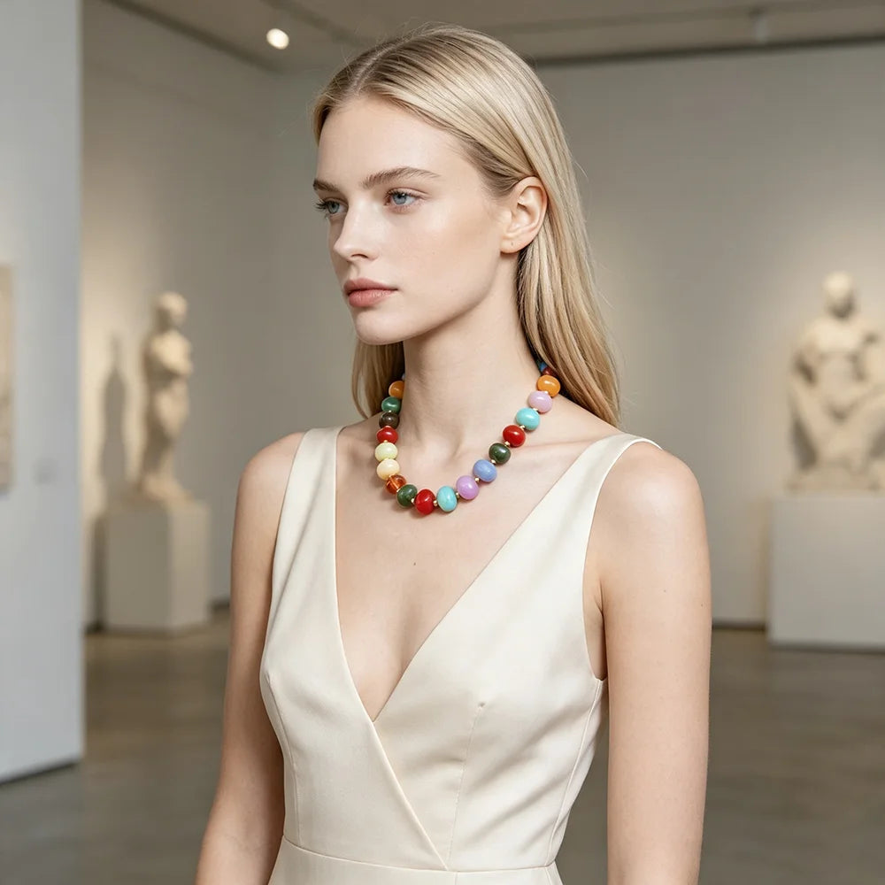 E.B.belle Colorful Candy Bead Strand Necklace Adjustable Gold Extension Chain Flat Oval Resin Beads Fashion Beach Women Jewelry