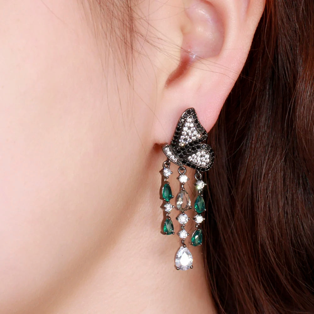 ThreeGraces Elegant Black Cubic Zirconia Butterfly Shape Long Dangle Tassel Earrings for Women New Fashion Party Jewelry E1281