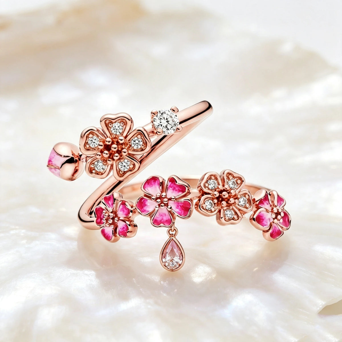 Charm Luxury Female Pink Bule Flower Zircon Stone Adjustable Open Ring RoseGold Silver Color Cute Gift Wedding Jewelry For Women