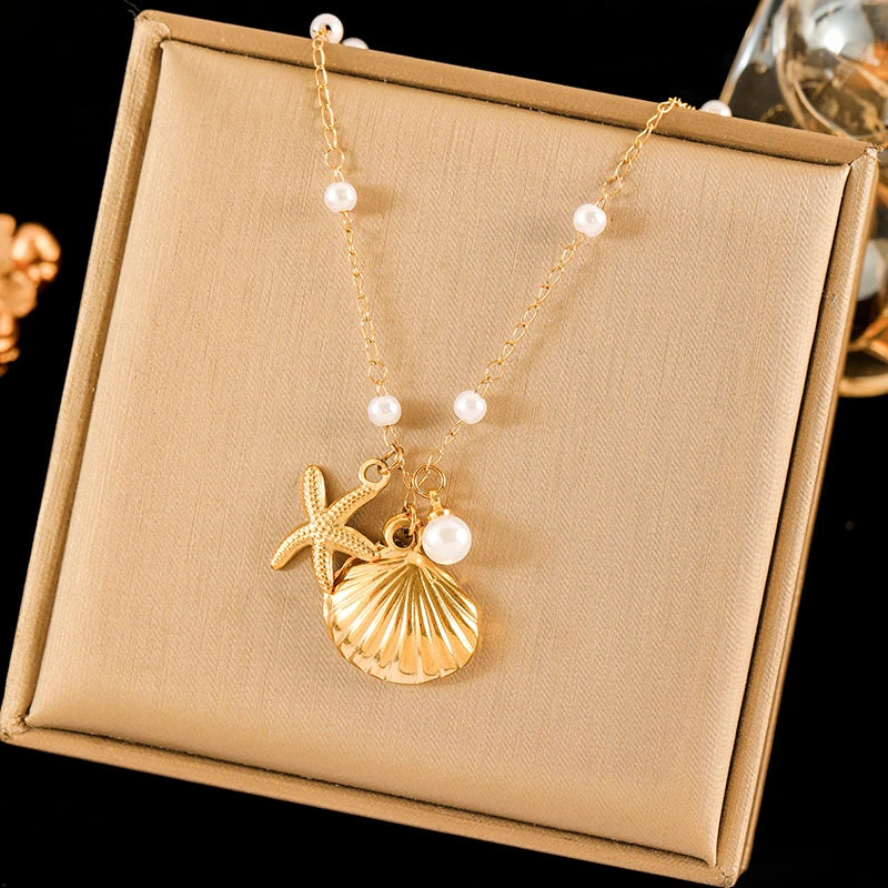 EILIECK 316L Stainless Steel Metal Sun Starfish Shells Pendant Necklace For Women Exquisite Neck Chain Waterproof Jewelry Gift
