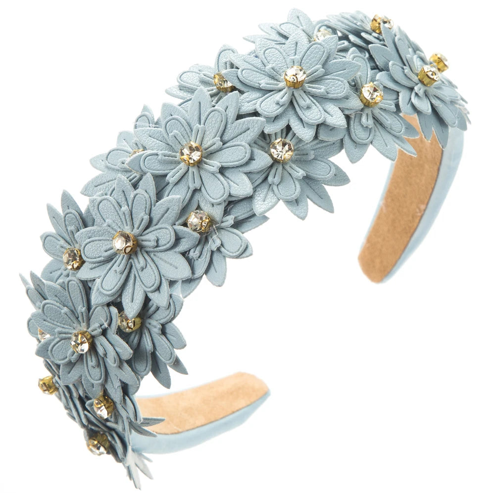 European and American New Multi-layer Leather Floral Headband Sponge High Skull Top Inlaid With Diamond Forest Style Headband