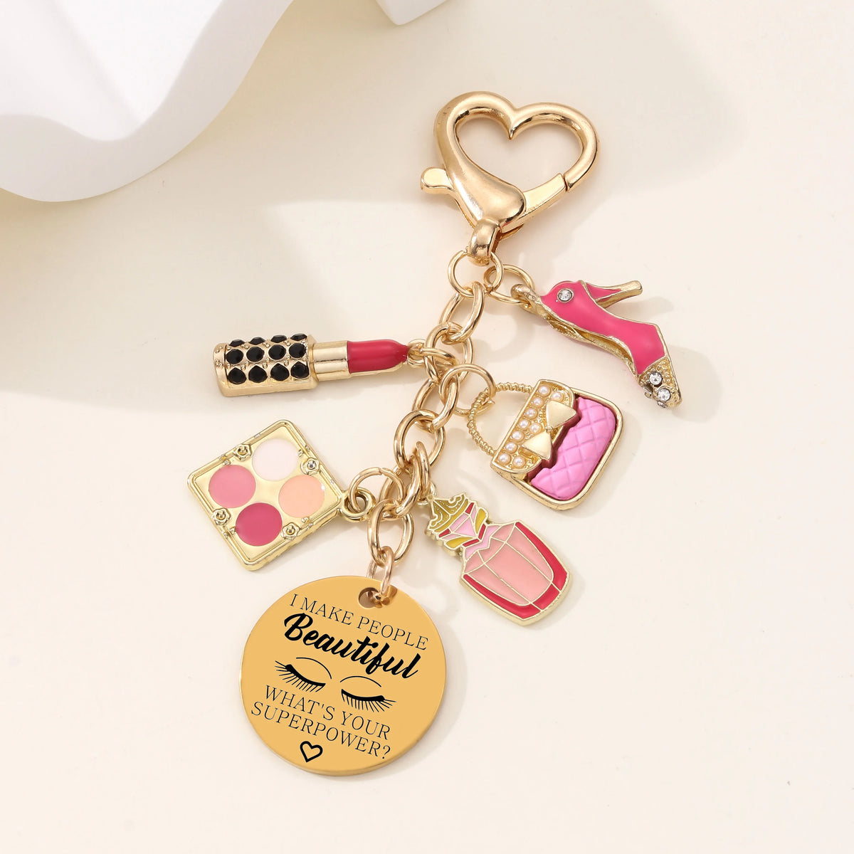 1pc Laser Engrave Eye Shadow Palette Handbag Lipstick High Heels Keychain Cartoon Cosmetics Series Key Ring For Friends Gift